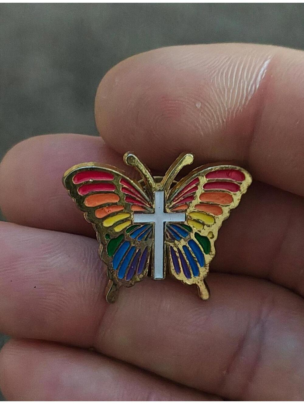 1980's Rainbow Butterfly With White Cross Gold Tone Enamel Pin - Picture 3 of 9